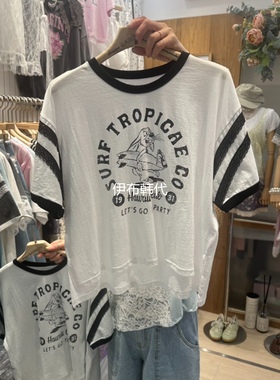 MARI CO韩国东大门正品代购26夏款 圆领卡通兔子蕾丝飞边短袖T恤