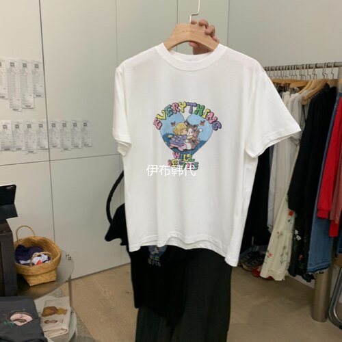 圆领彩色卡通字母短袖T恤女
