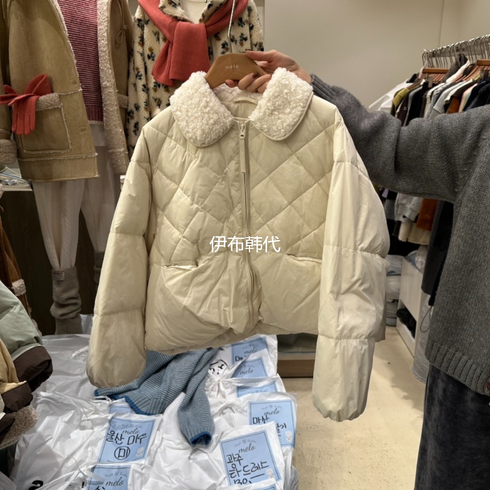 MELO韩国东大门正品代购25冬款 翻领毛领格纹拉链羽绒服短外套女
