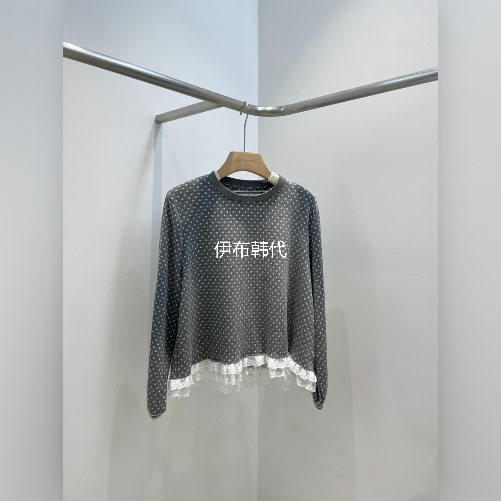 圆领点点飞边花边拼接长袖T恤