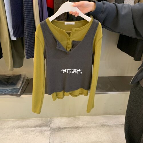 冬款圆领纽扣背心两件套长袖T恤