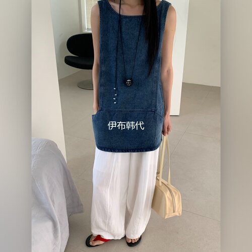 圆领磨白做旧背心裙牛仔裙连衣裙
