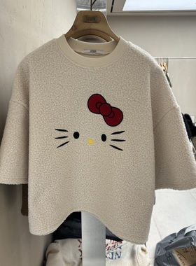 FORMING韩国东大门代购26春款 圆领仿羊羔毛绒蝴蝶结小猫宽松T恤