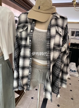 VIRKIN韩国东大门正品代购26春款 翻领格子毛边流苏宽松气质衬衫