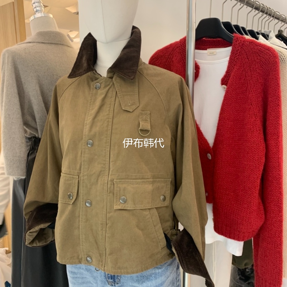 翻领灯芯绒领大口袋短外套夹克