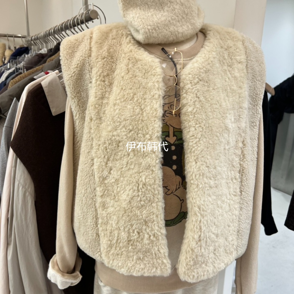 圆领仿羊羔毛绒拼接马夹坎肩