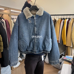 OBJET韩国东大门正品代购25冬款 翻领仿羊羔毛绒棉绒内里牛仔外套