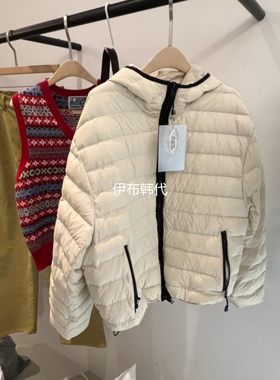 PLATE韩国东大门正品代购25冬款 连帽黑色包边薄款宽松拉链羽绒服