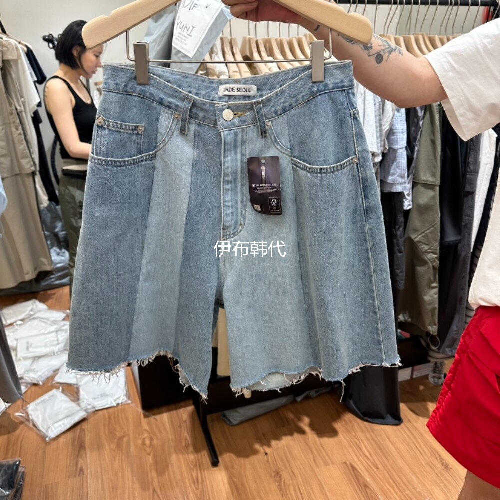 JADEMARKET韩国东大门正品代购26夏 拼色休闲毛边宽松牛仔裤短裤