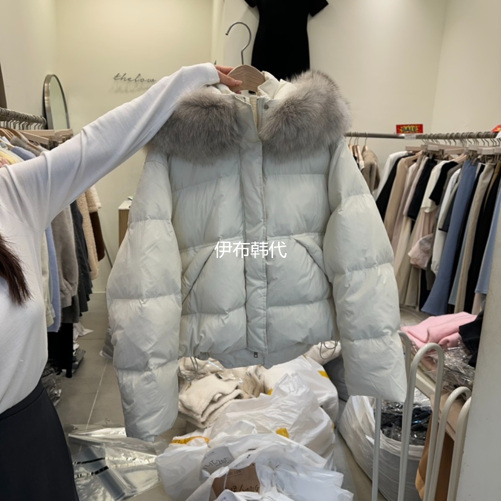 连帽护理毛领短款保暖羽绒服外套