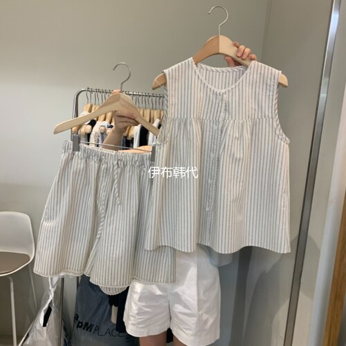 圆领休闲条纹背心短裤套装女