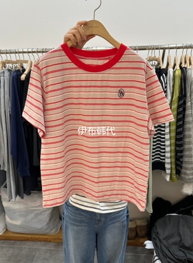 DELIGHT韩国东大门正品代购26春款 圆领休闲条纹棉质字母短袖T恤