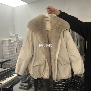 DOUBLE STANDARD韩国东大门代购 翻领皮草毛领拼接短款羽绒服外套