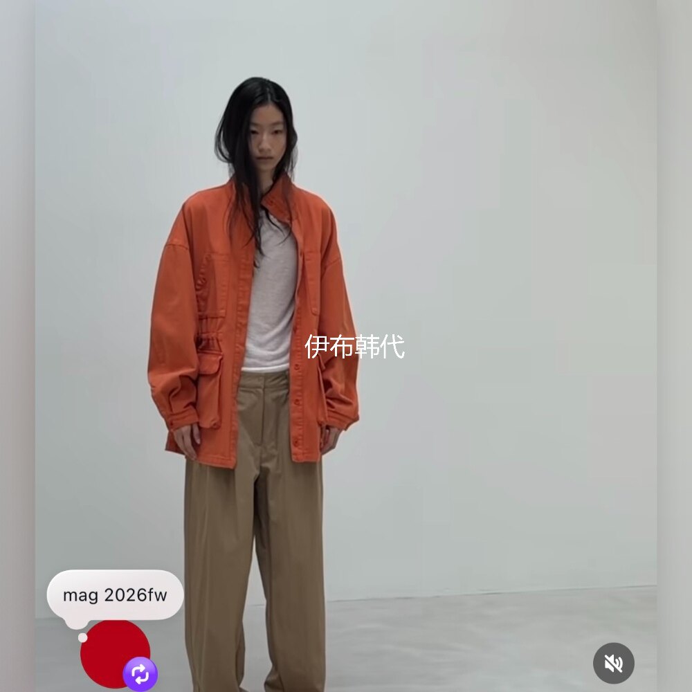 伊布 韩国东大门正品代购26秋款 立领彩色橘色工装风衣大衣外套