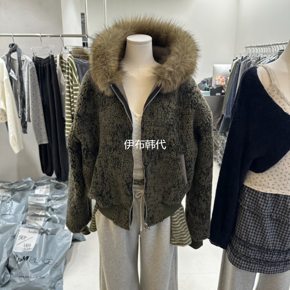 ANDE韩国东大门正品代购26冬款 连帽毛领仿羊羔毛绒拉链混色外套