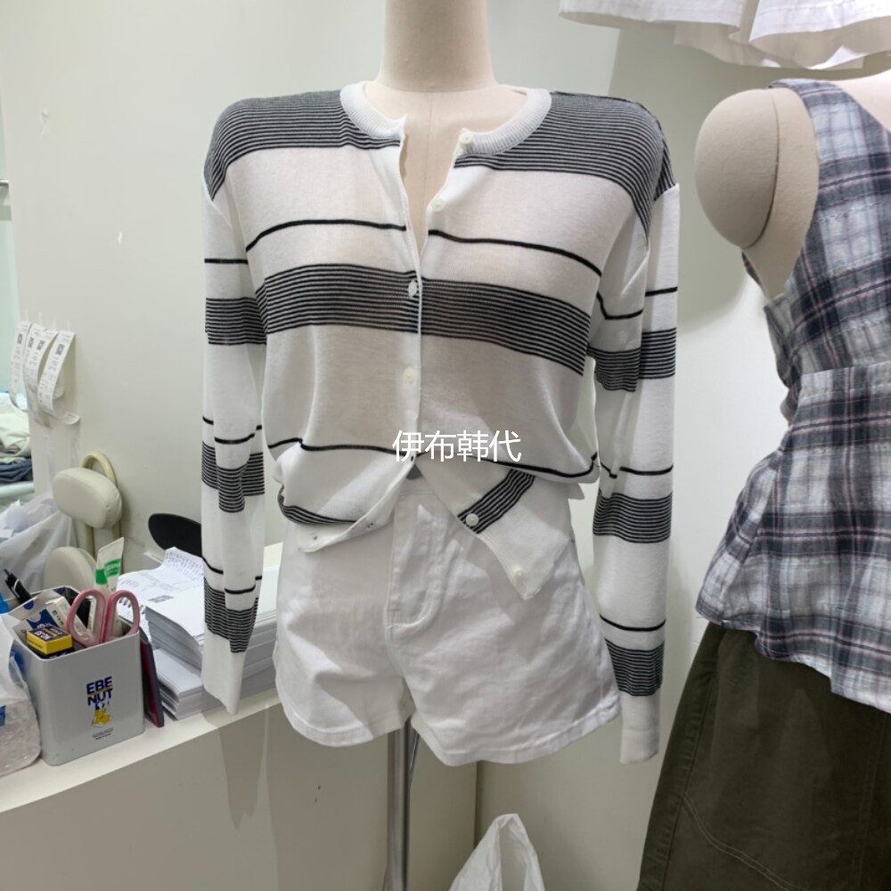 BY BOMI韩国东大门正品代购26夏款 圆领休闲薄款条纹开衫外套女