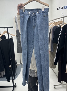 chav韩国东大门正品代购26春款 裤腰多纽扣两穿直筒裤牛仔裤女