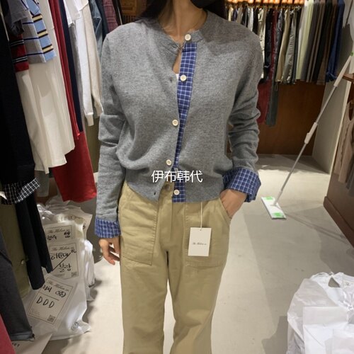 圆领休闲格子拼接假两件针织开衫