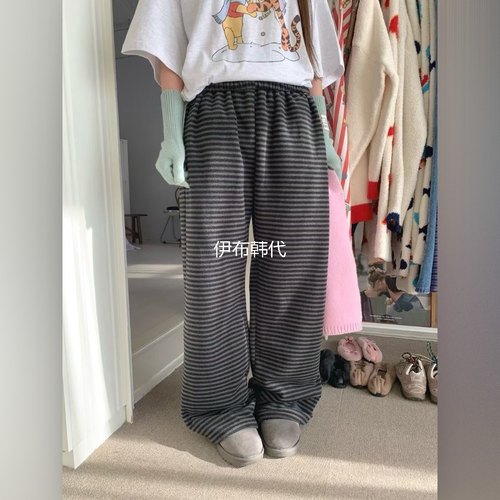 松紧腰细条纹磨毛裤脚抽绳长裤女