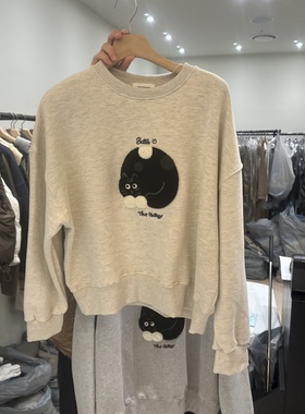 NOTTINGHAM韩国东大门正品代购25冬款 圆领卡通小黑猫加绒卫衣