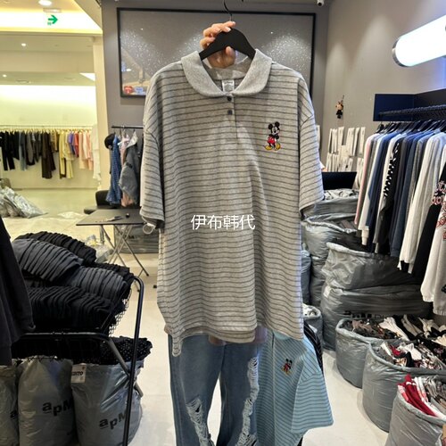 翻领休闲纽扣条纹卡通老鼠T恤