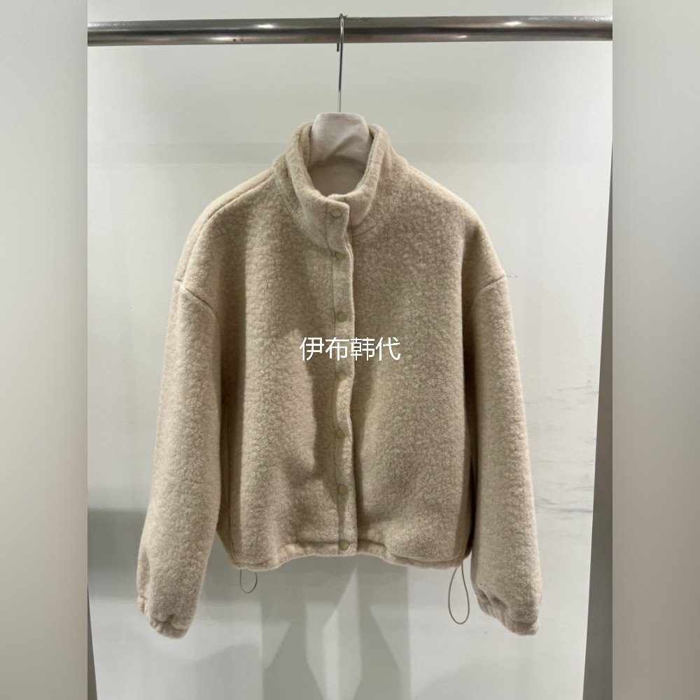 立领纯色毛呢外套纽扣开衫夹克