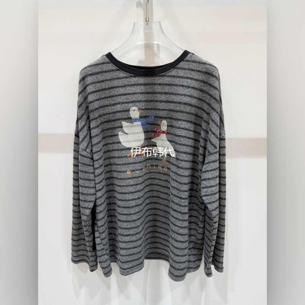 圆领休闲条纹磨毛大鹅长袖T恤