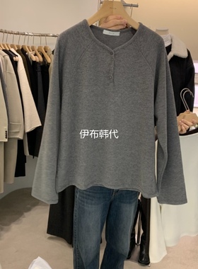 PHILO韩国东大门正品代购25冬款 圆领纽扣棉质休闲长袖打底T恤