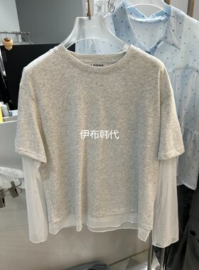 夏款圆领假两件纱网拼接T恤女
