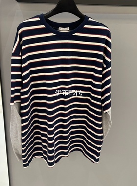 CREDITO韩国东大门正品代购26春款 圆领条纹宽松假两件长袖T恤