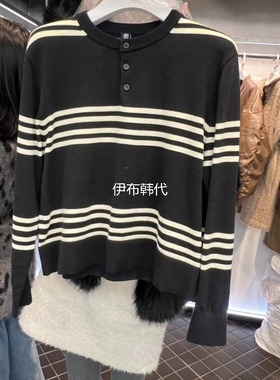 OUS/INCH韩国东大门正品代购26春款 圆领纽扣简约条纹套头针织衫