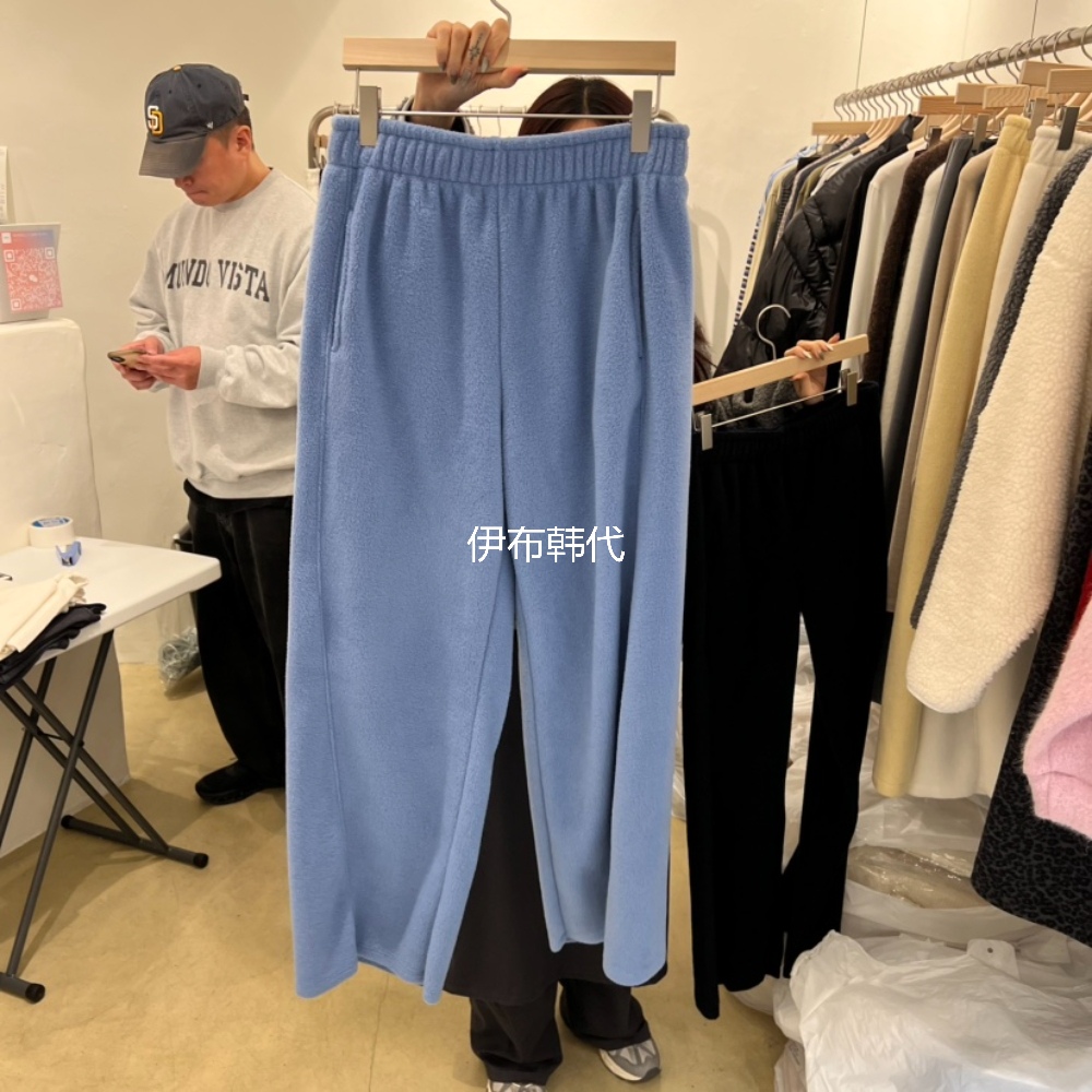 松紧腰纯色摇粒绒休闲直筒裤