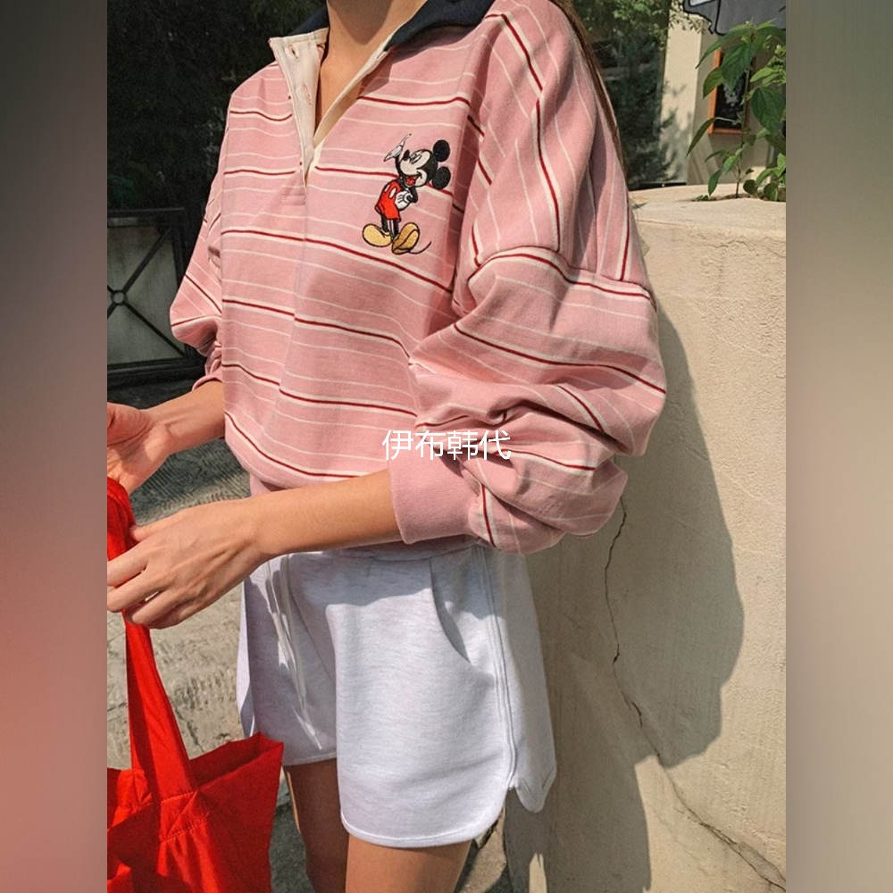 翻领休闲条纹卡通老鼠长袖T恤