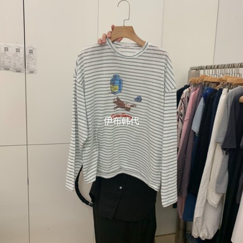 圆领休闲条纹卡通长袖T恤女