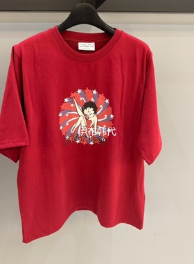CREDITO韩国东大门正品代购26春款 圆领休闲卡通女孩红色短袖T恤