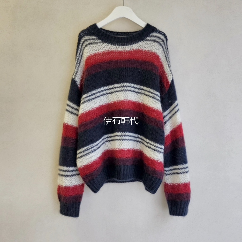 圆领休闲彩色条纹磨毛宽松针织衫