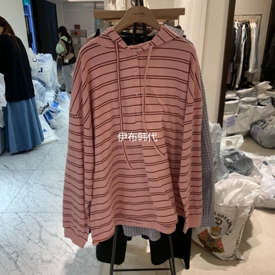 26连帽抽绳纽扣宽松条纹长袖T恤