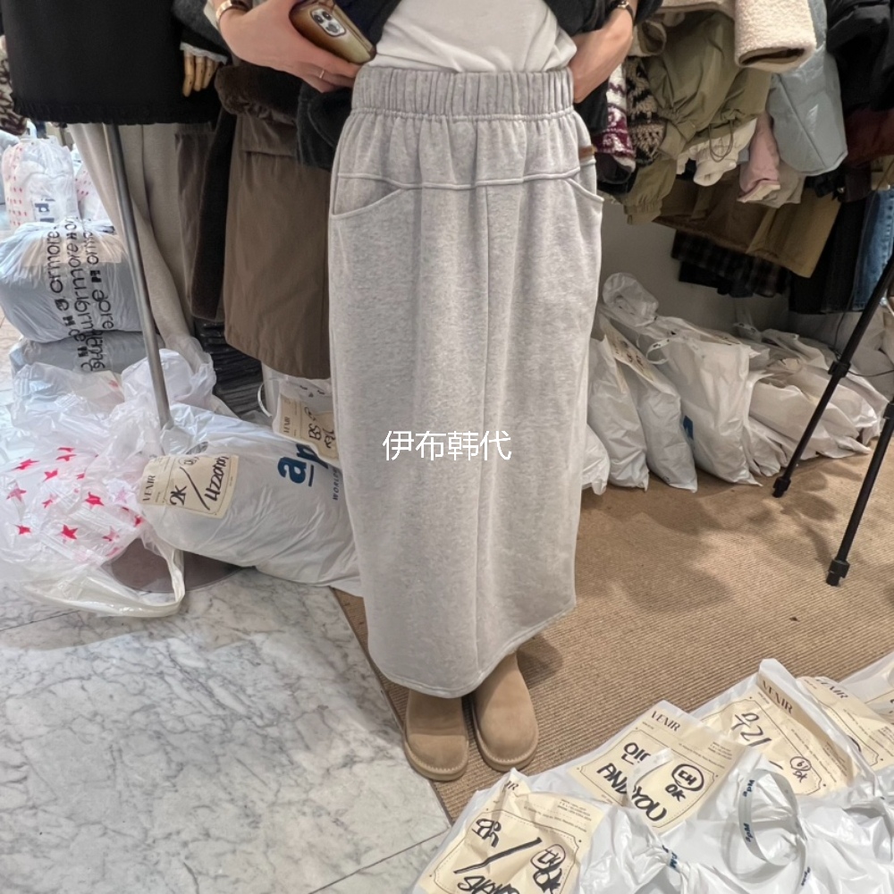 松紧腰休闲开叉卫裙加绒半裙长裙