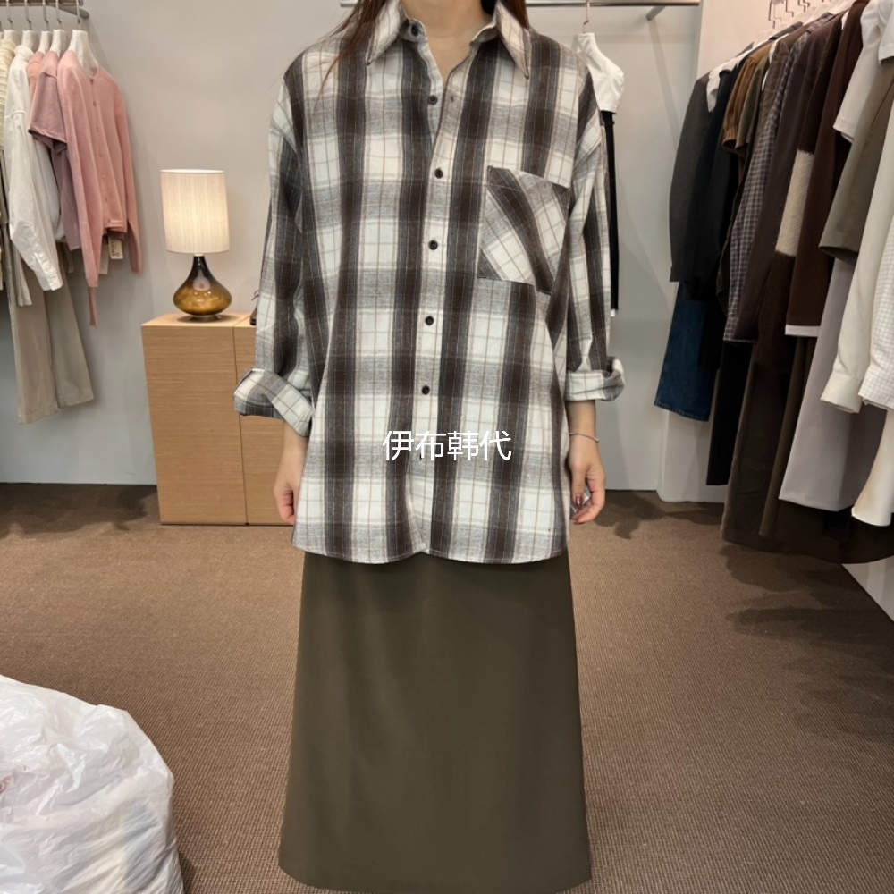 翻领休闲格子棉质宽松衬衫