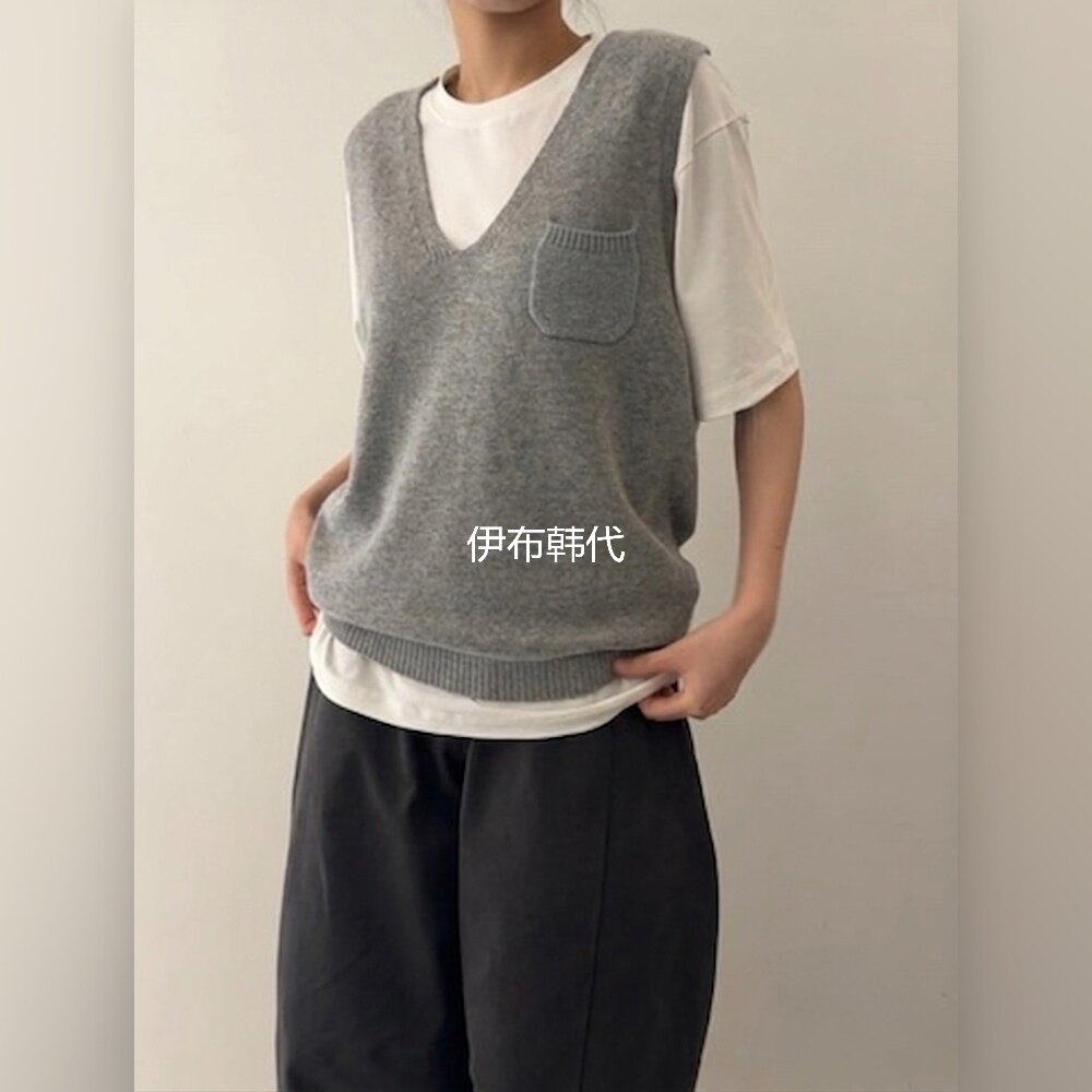 MONE韩国东大门正品代购26秋款 V领纯色休闲口袋简约针织马夹坎肩