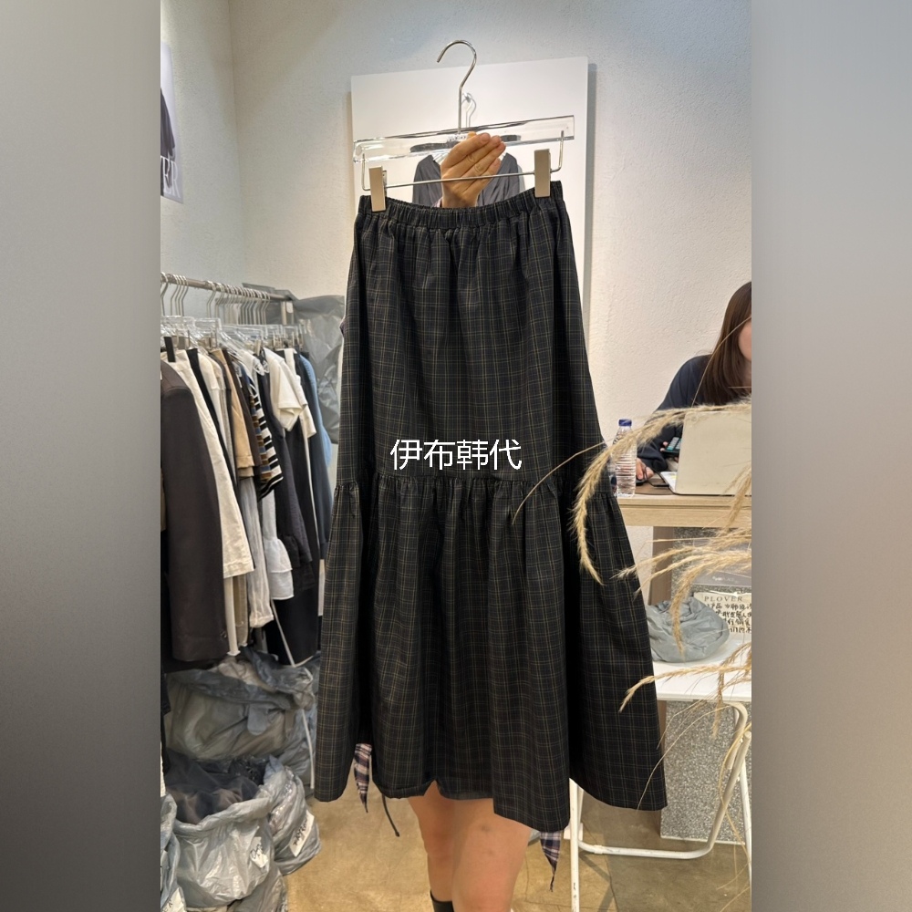 松紧腰棉质休闲格子半裙长裙女