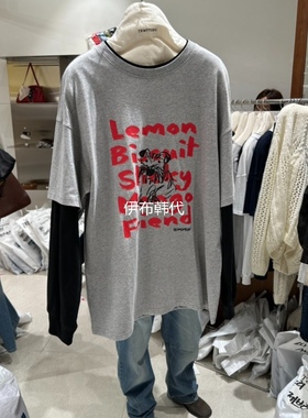 TEMPTING韩国东大门正品代购25秋款 圆领字母小狗休闲假两件T恤