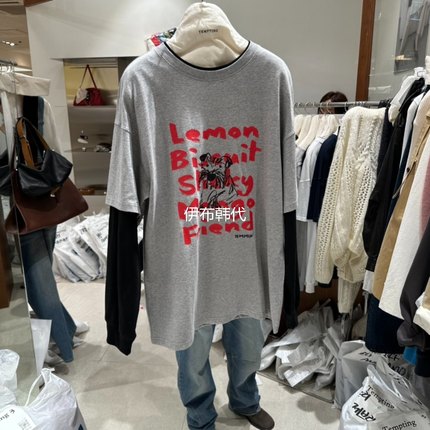 TEMPTING韩国东大门正品代购25秋款 圆领字母小狗休闲假两件T恤