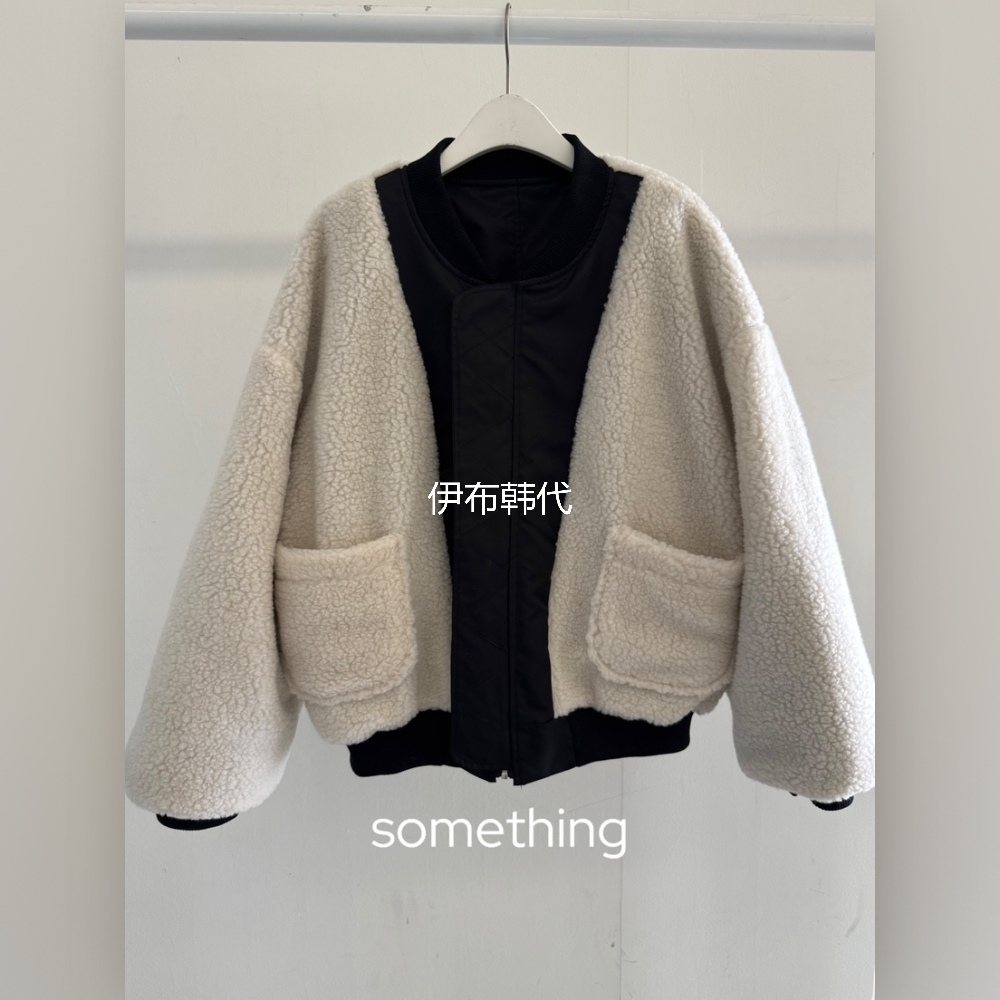 SOMETHING-L/FANCY韩国东大门代购冬 圆领仿羊羔毛绒拼接外套夹克