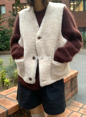 ROMANTICIZE韩国东大门代购25冬 V领仿羊羔毛绒皮毛一体双面马夹