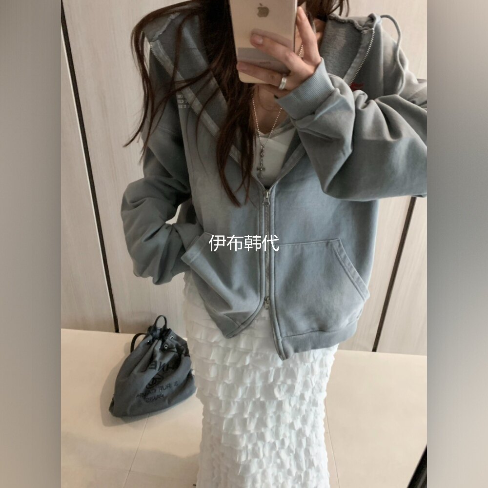 连帽拉链水洗做旧卫衣开衫外套