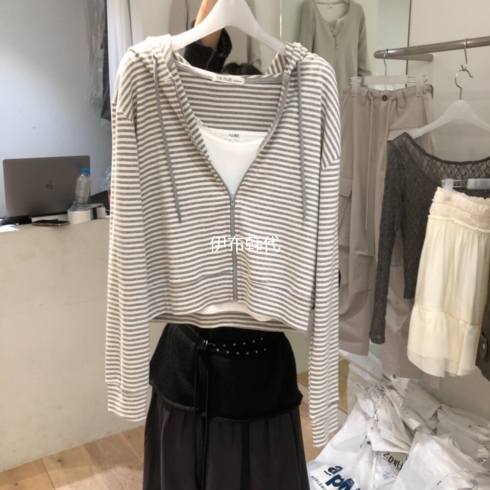 AUBE韩国东大门正品代购26春款 连帽休闲条纹拉链卫衣开衫外套