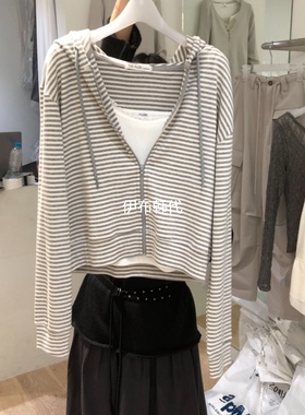 AUBE韩国东大门正品代购26春款 连帽休闲条纹拉链卫衣开衫外套