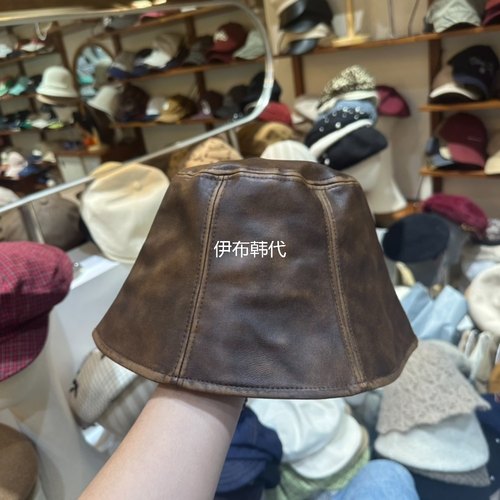 做旧休闲PU圆顶帽盆帽皮帽子