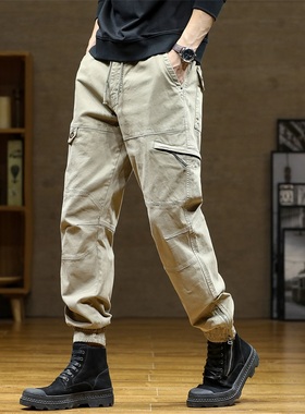 12648 部落男装秋冬美式复古潮牌余文乐松紧腰加厚束脚工装休闲裤